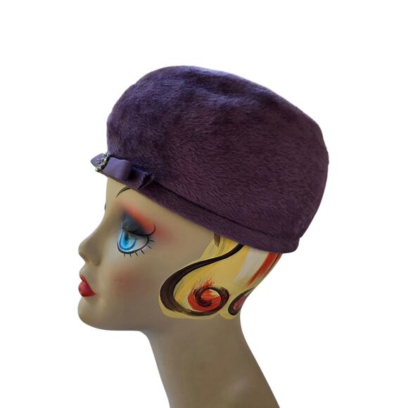 1960s Mr D French Room Lavender Fur Felt Hat | Vintage Rhinestone Pillbox - Picture 6 of 12